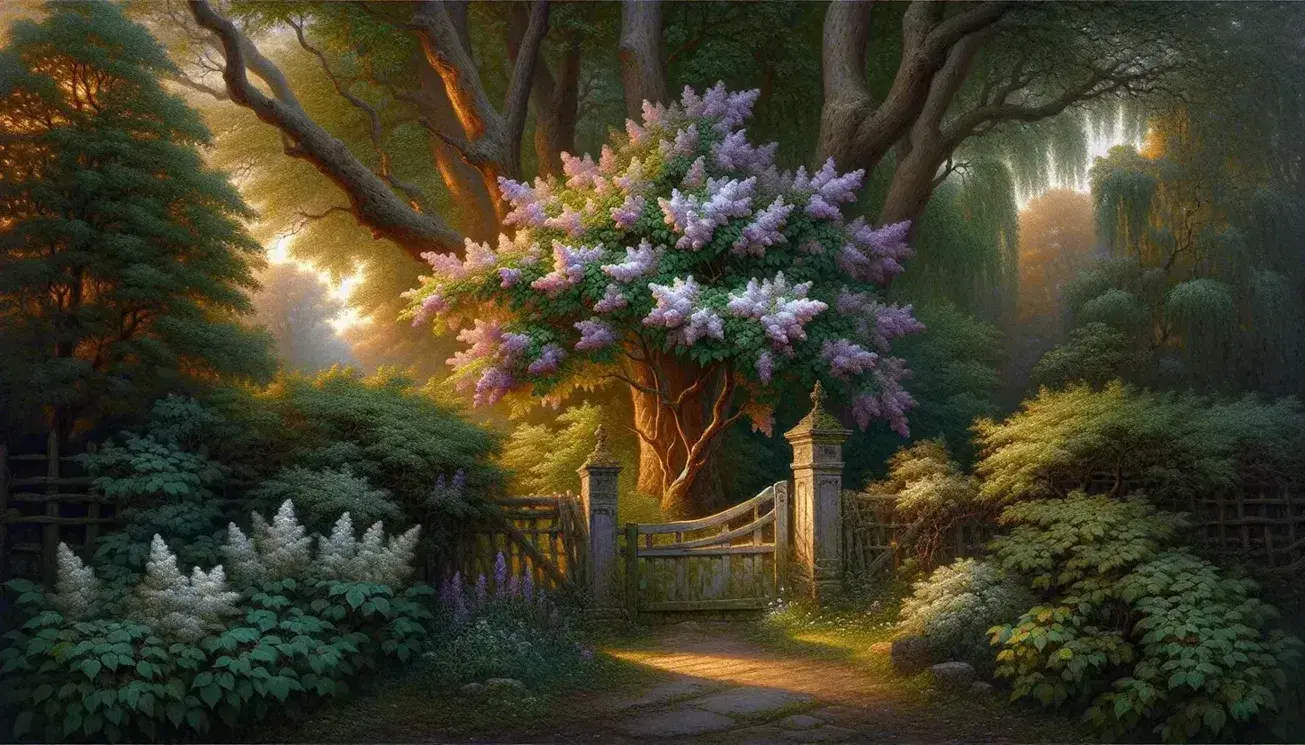 Twilight descends on a lush garden with a blooming lilac bush, weathered wooden gate, and a stone bench under a tree, all bathed in soft sunset hues.