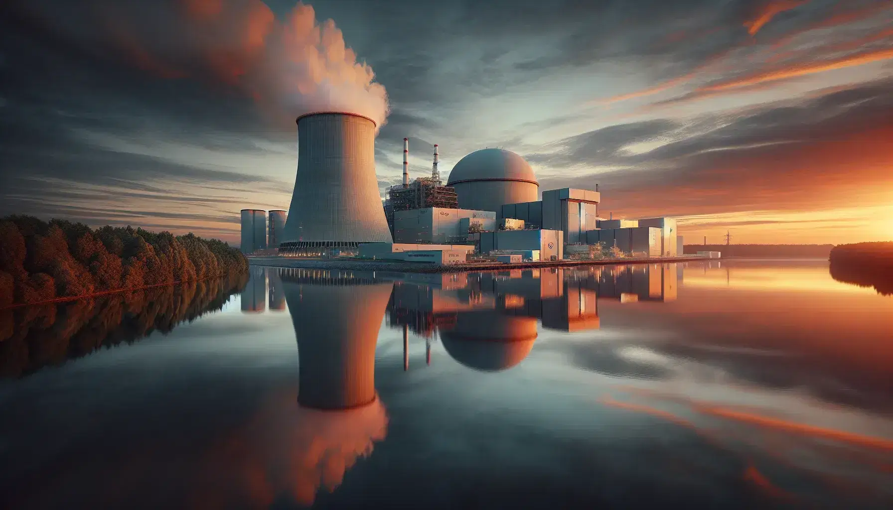Centrale nucleare al tramonto con torre di raffreddamento iperbolica e riflessi arancioni sul lago tranquillo, contornata da alberi verdi.