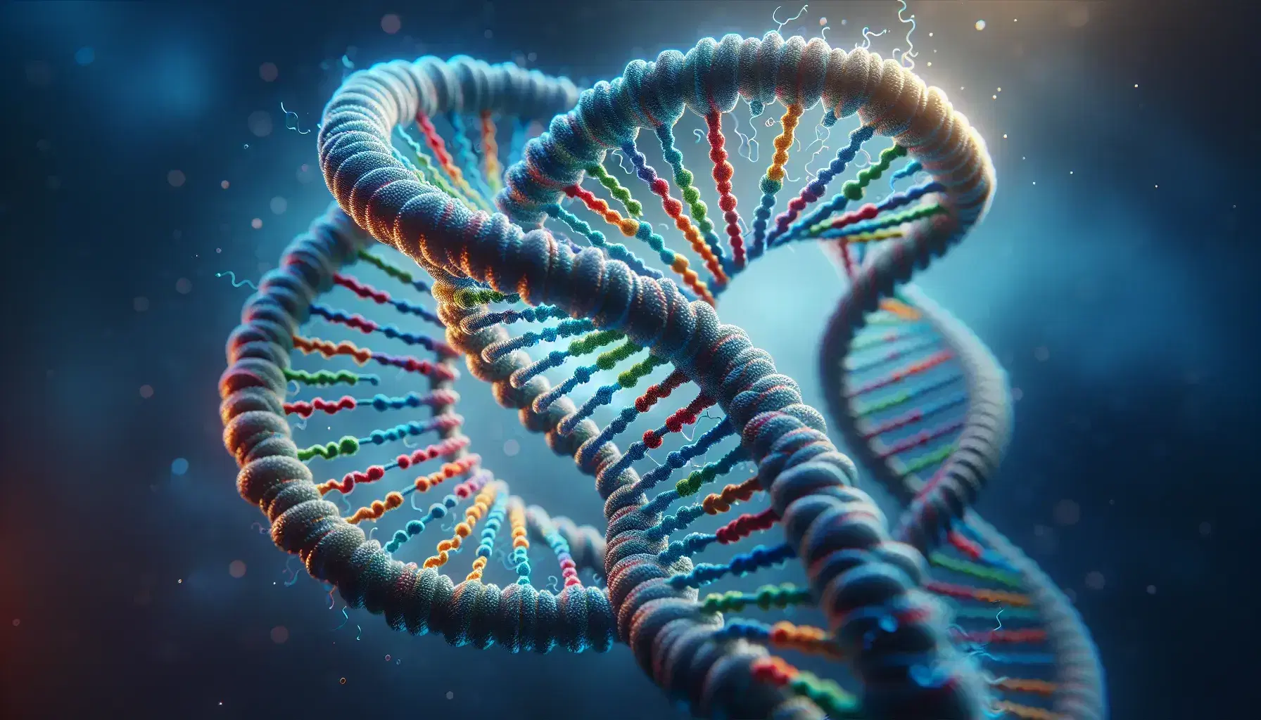 Estructura detallada de una doble hélice de ADN en 3D con segmentos coloridos y fondo desenfocado en tonos azules y grises.