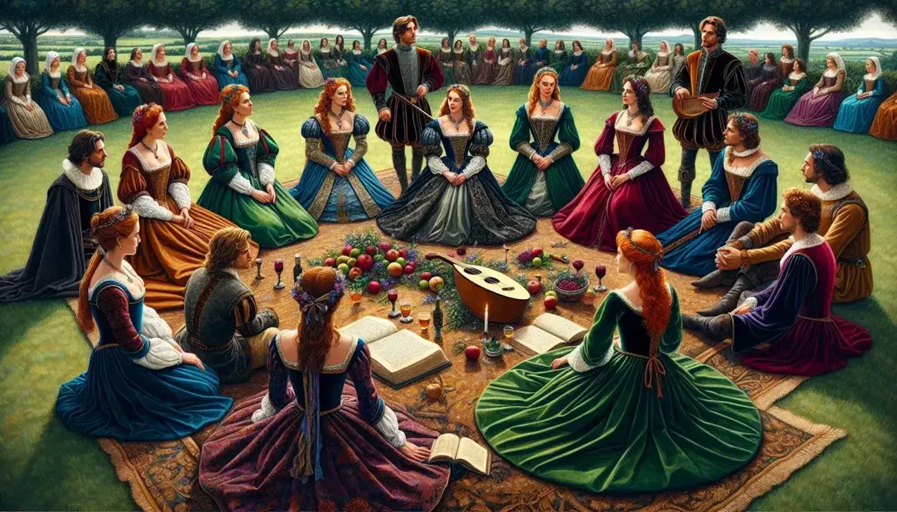 Gruppo in costume medievale ascolta narratore all'aperto, con oggetti storici su tappeto e gioco di luce tra gli alberi.