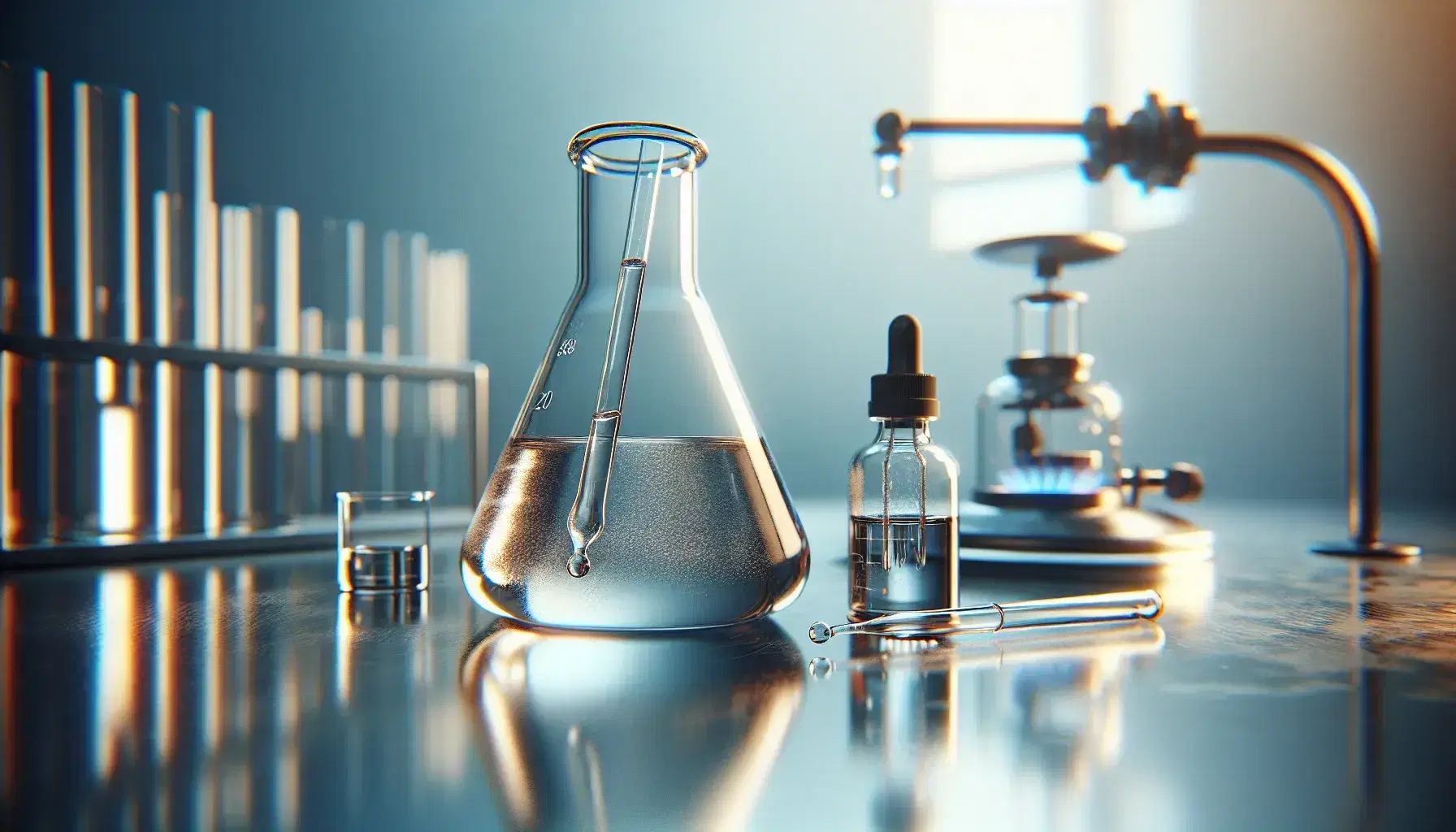 Glass flask with transparent liquid on a reflective metal surface, submerged stirring rod, dropper with amber liquid and Bunsen burner lit in the background.