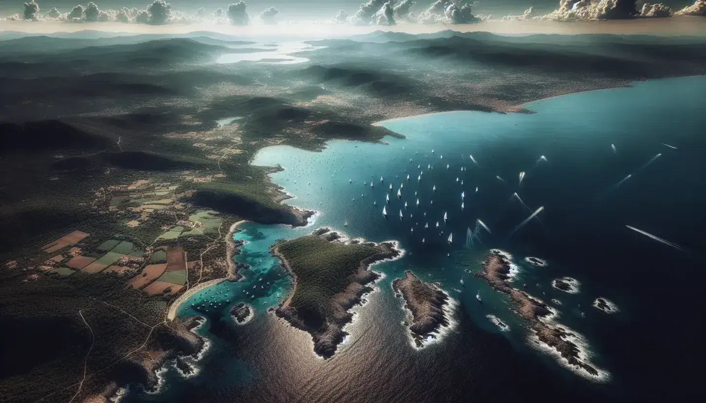 Vista aerea della costa italiana con mare blu, barche a vela, campi verdi, alberi e montagne all'orizzonte sotto un cielo sereno.