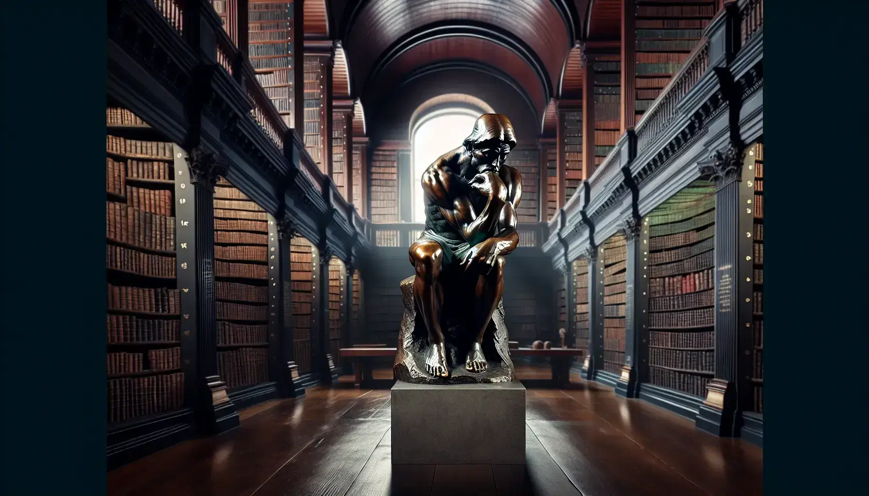 Statua in bronzo di filosofo pensieroso con libro, su piedistallo in biblioteca antica con scaffali di libri rilegati e luce naturale.