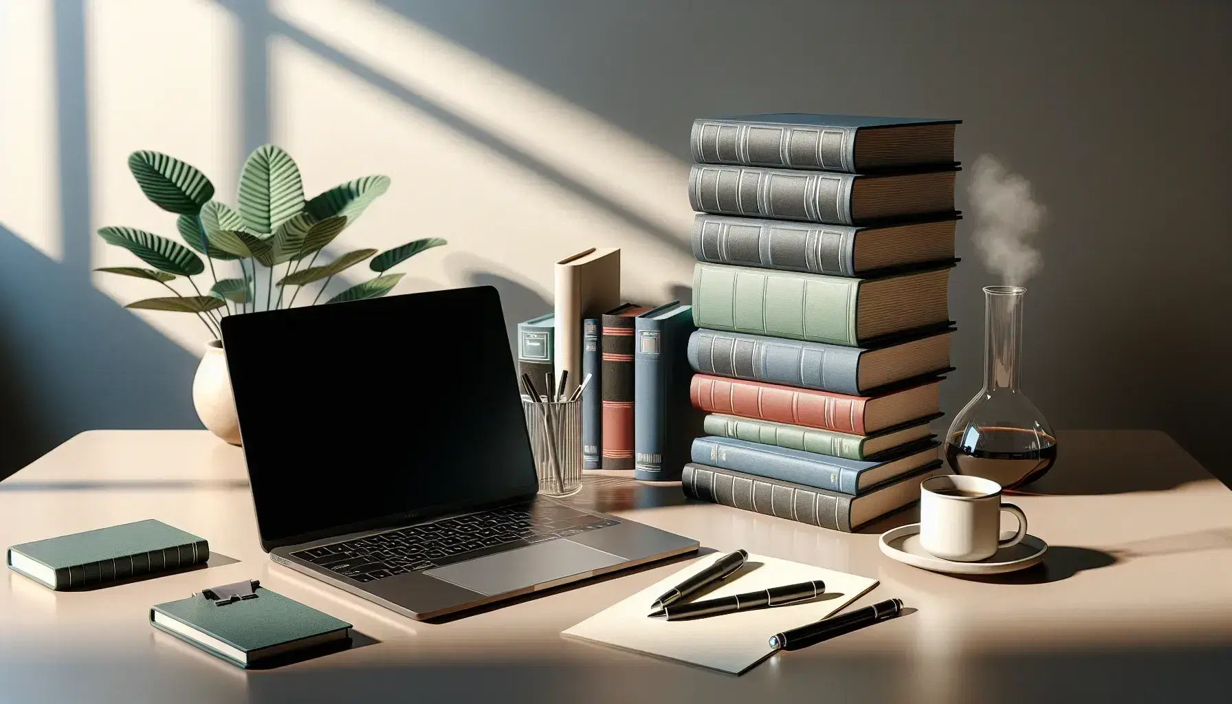 Tidy desk with laptop, stacked books, beaker with liquid, black pen, coffee cup and green plant, in studious environment.