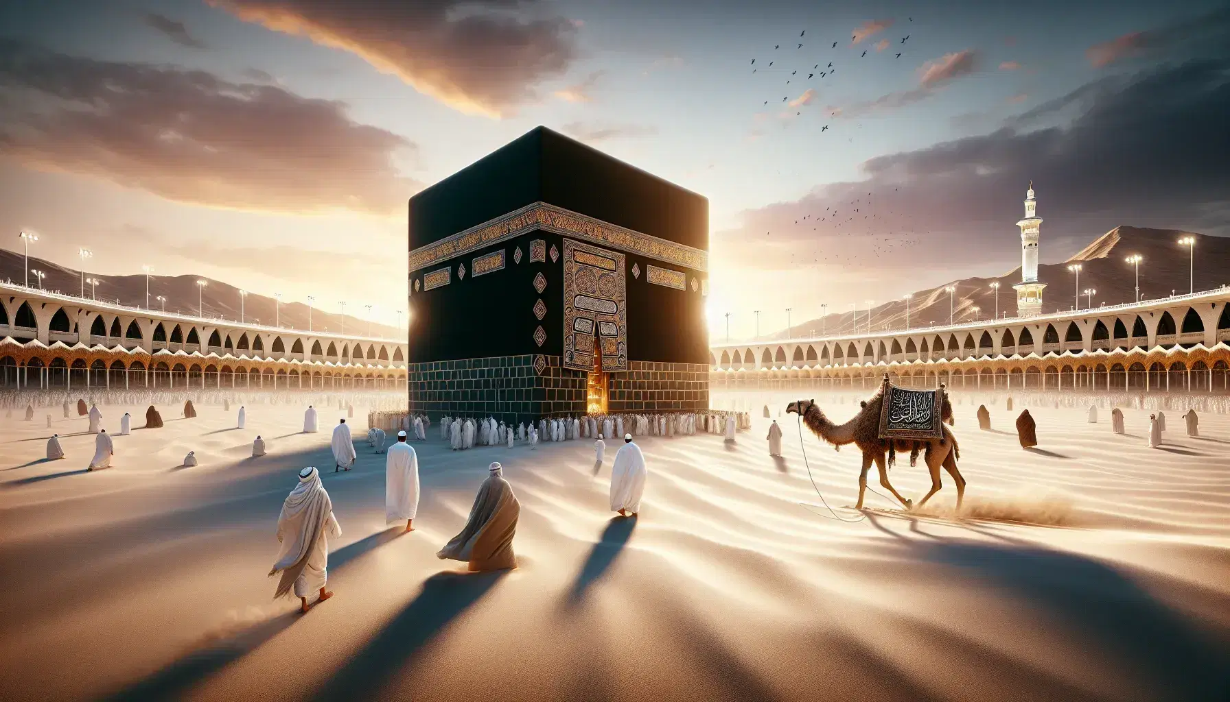 Riproduzione della Kaaba nel deserto al tramonto, persone in abiti bianchi si avvicinano, cammello inginocchiato e uomo con turbante a lato.