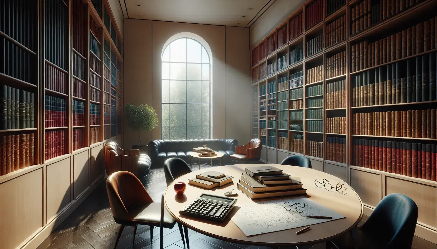 Biblioteca tranquilla con scaffali di libri in legno scuro, tavolo ovale con sedia, calcolatrice, mela rossa e foglio con grafici.