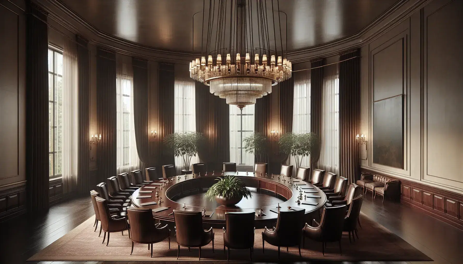 Elegant diplomatic meeting room with a large oval wooden table, high-backed leather chairs, a chandelier above, and tall green plants by the windows.