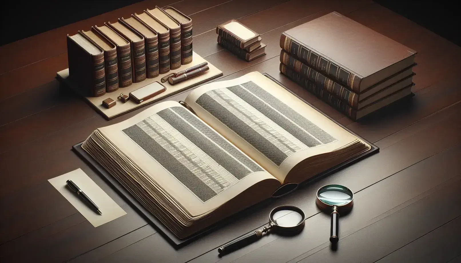 Scrivania in legno scuro con libro aperto, lente d'ingrandimento sopra, pila di libri chiusi e statuetta di gufo, in ambiente da studio.