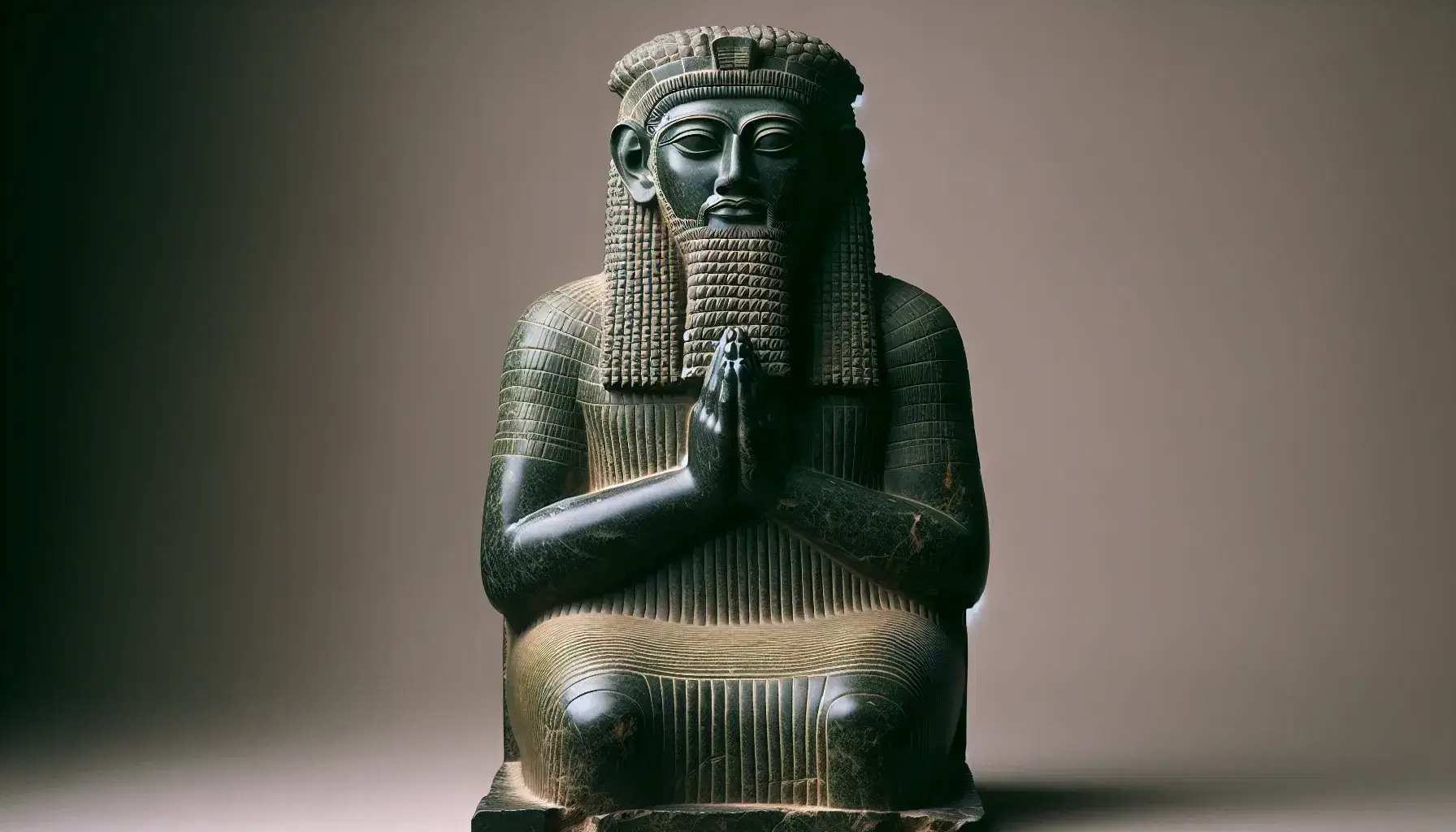 Statua in diorite del sovrano Gudea di Lagash seduto in preghiera, con mani giunte, occhi spalancati e dettagli finemente incisi.