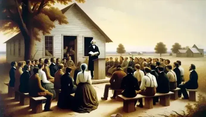 Diverse group attentively listening to a presenter reading from a book outdoors near a simple wooden schoolhouse at sunrise or sunset.