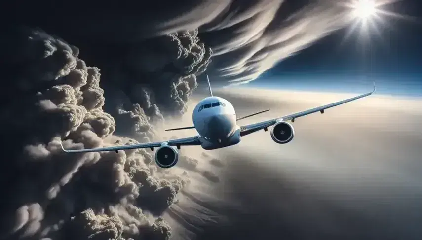 Twin-engine airliner in flight against background of dark, cloudy sky due to volcanic ash, with landscape just visible below.