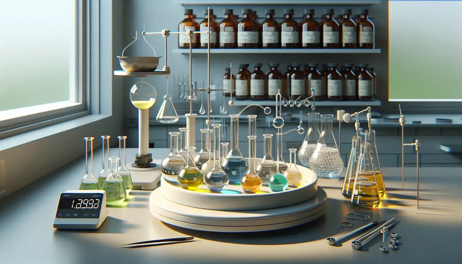 Chemistry laboratory with test tubes on tray, digital scale, beaker with magnetic stirrer and safety glasses on bench.