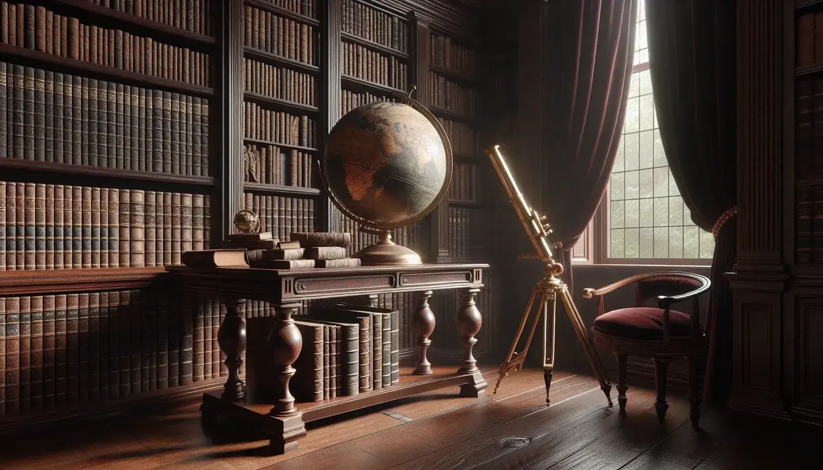 Biblioteca antigua con estantes de madera oscura llenos de libros, mesa central con globo terráqueo antiguo y telescopio de latón, silla con cojín rojo y cortinas de terciopelo.