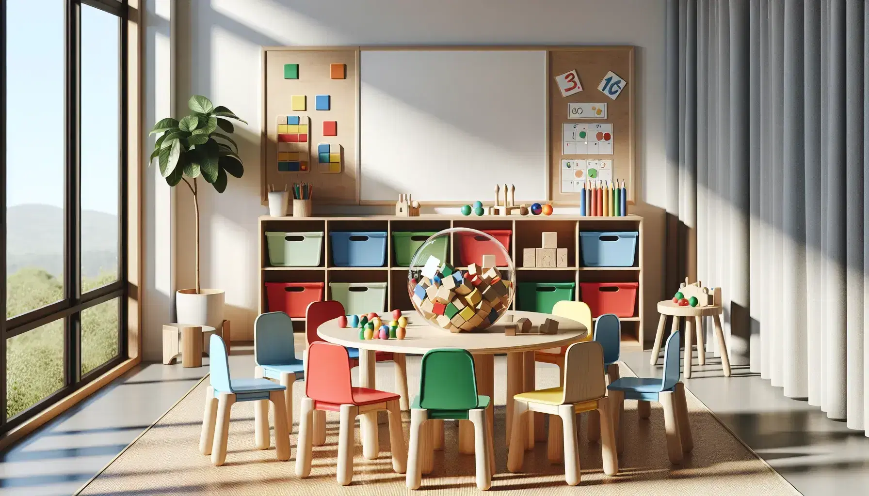 Aula colorida con mesa redonda y sillas de plástico multicolores, bloques de construcción de madera, esfera con figuras geométricas y estantería con materiales educativos.