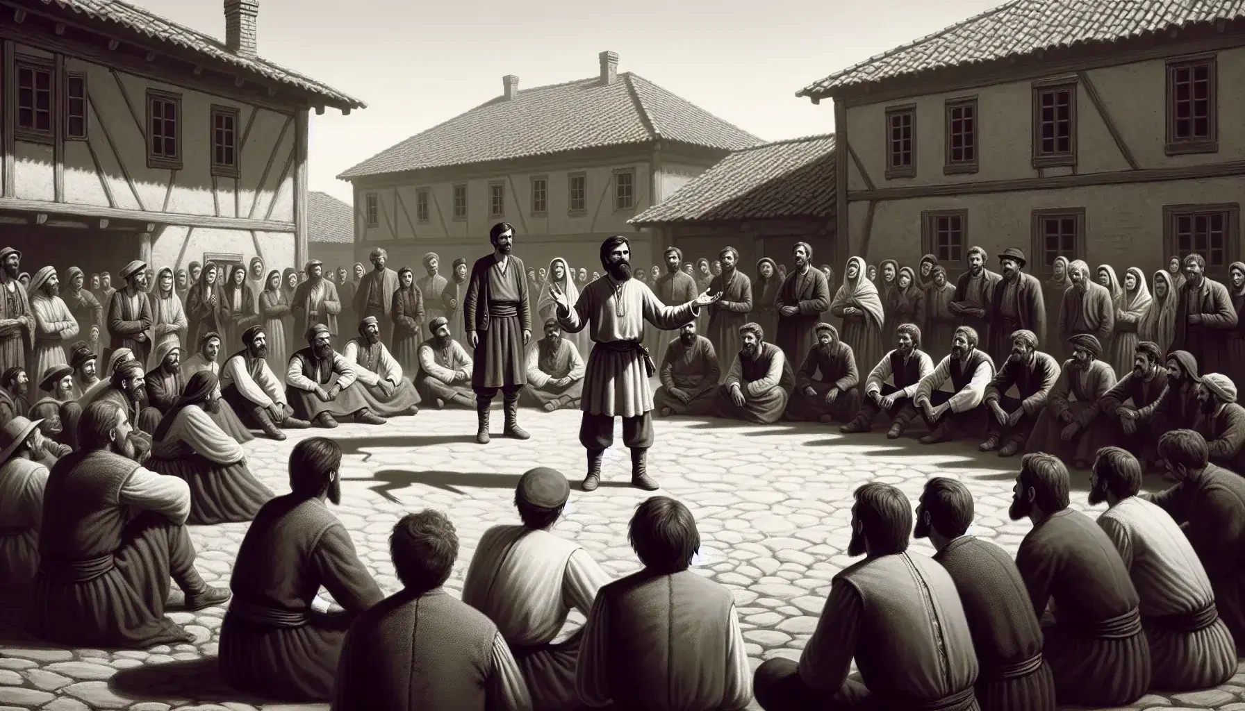 Grupo de personas reunidas en círculo alrededor de un hombre que gesticula en una plaza de pueblo con arquitectura tradicional, bajo un cielo despejado.