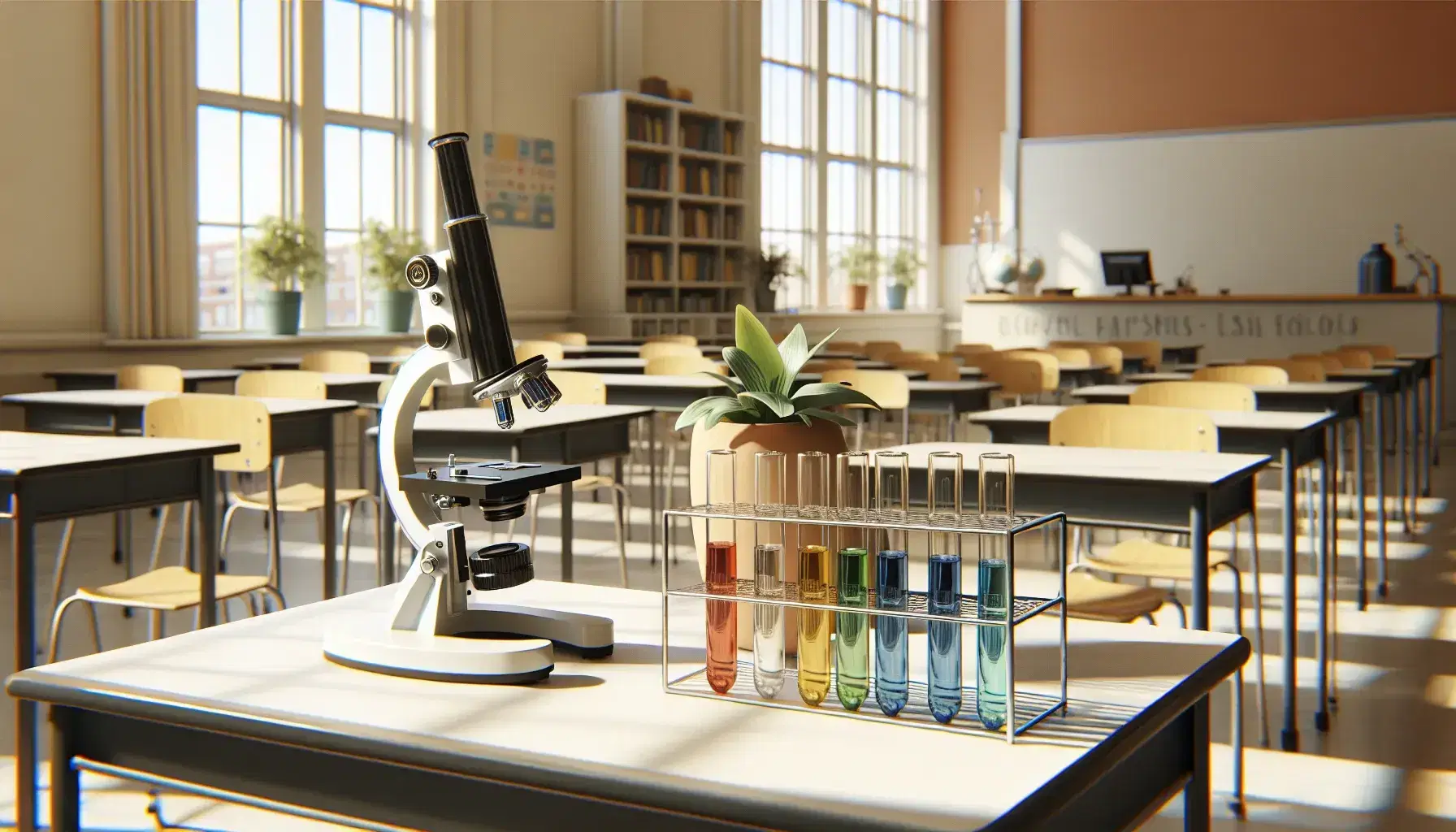 Aula escolar iluminada con mesa de laboratorio, microscopio negro y plateado, tubos de ensayo con líquidos de colores y planta verde en maceta terracota.
