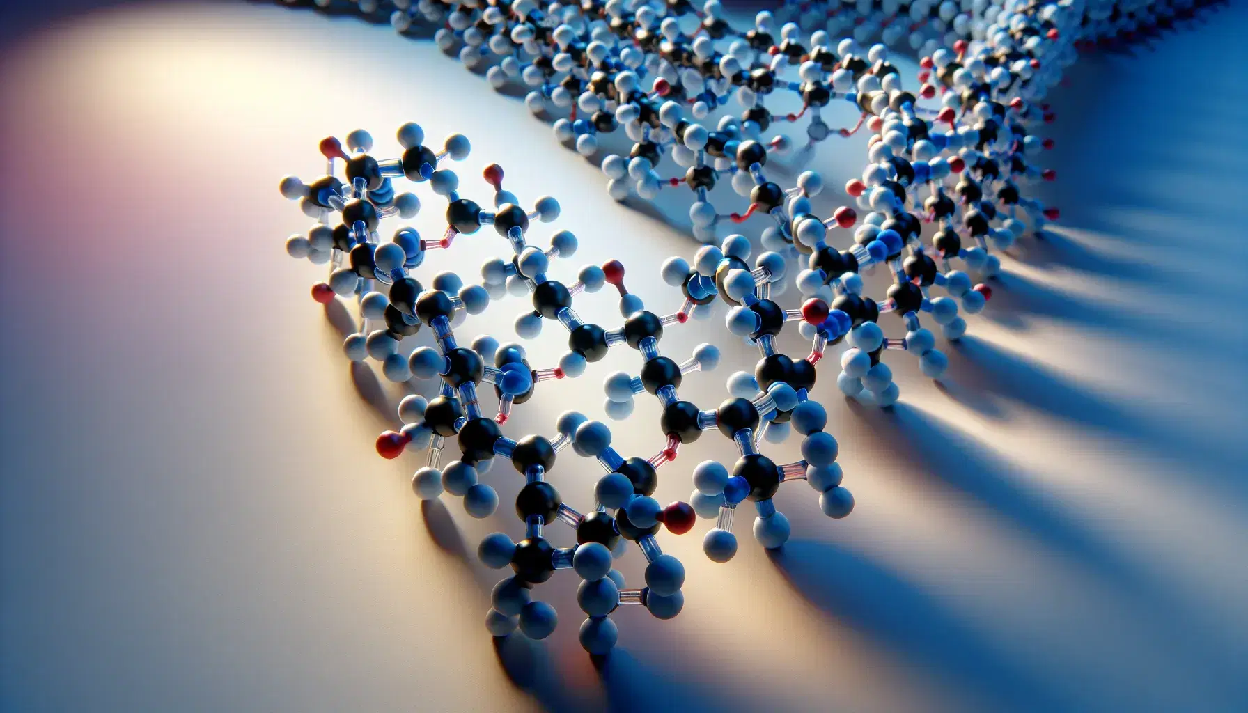 Three-dimensional molecular model of a short peptide chain with atoms colored by type: black carbon, blue nitrogen, red oxygen, white hydrogen.