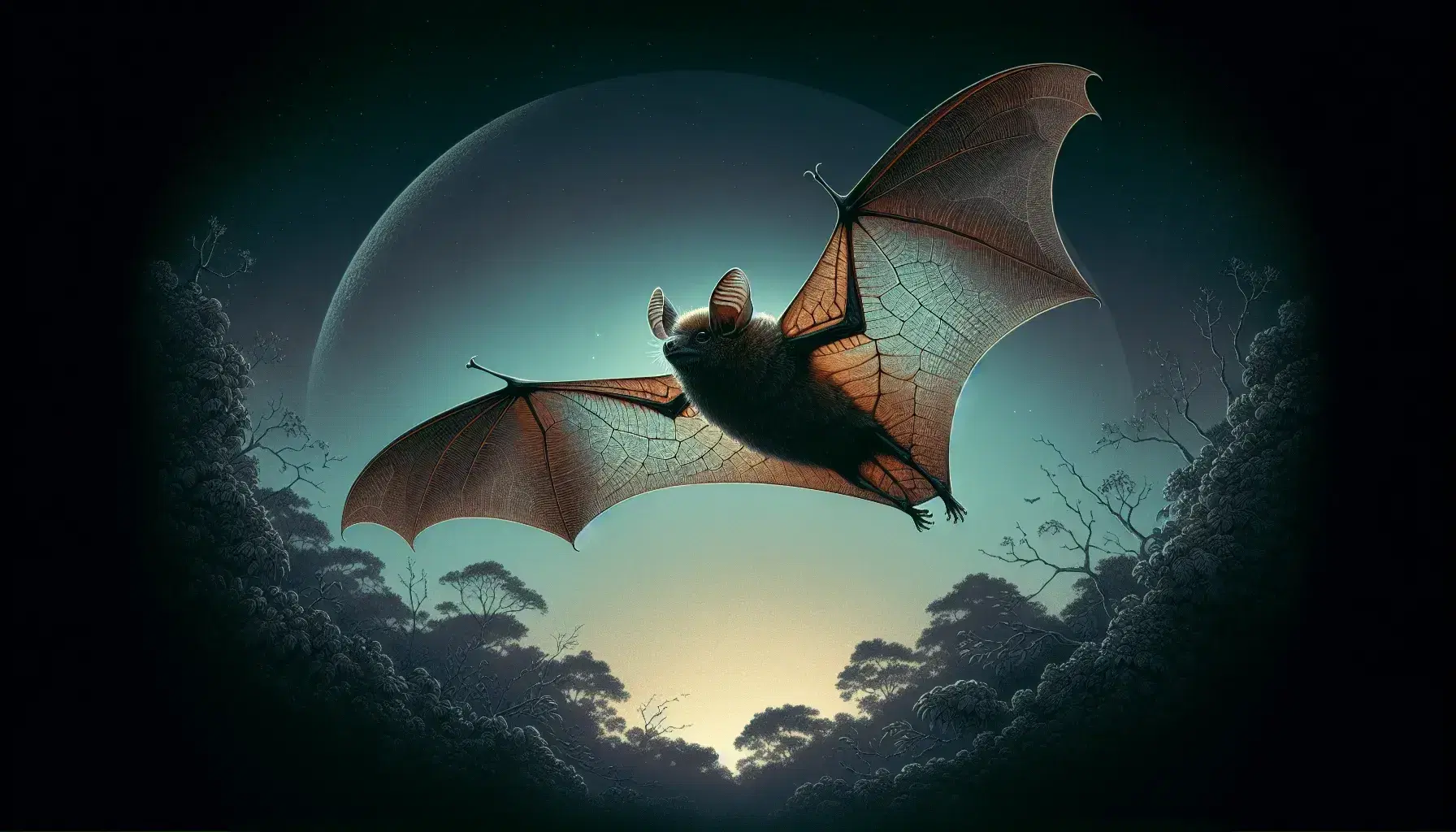 Bat in flight against a gradient night sky, wings outstretched revealing vein details, with a soft moon glow highlighting the forest backdrop.