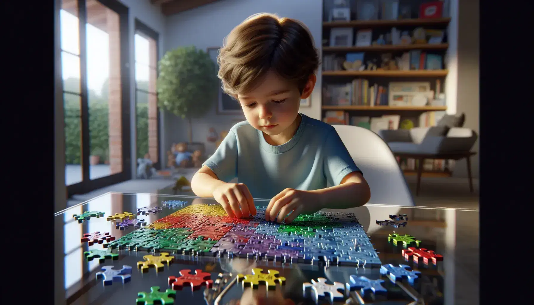 Concentrated child assembling colorful 3D puzzle on glass table, light brown hair, blue t-shirt, background with shelves and educational games.