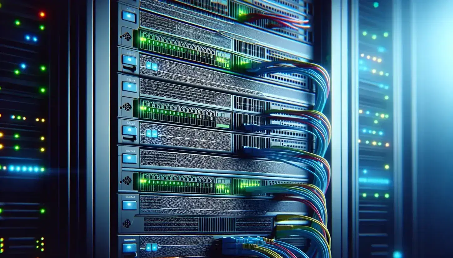 Servidores de red de alta densidad en centro de datos con luces LED verdes y azules, cables de colores y paneles negros con ventilación.