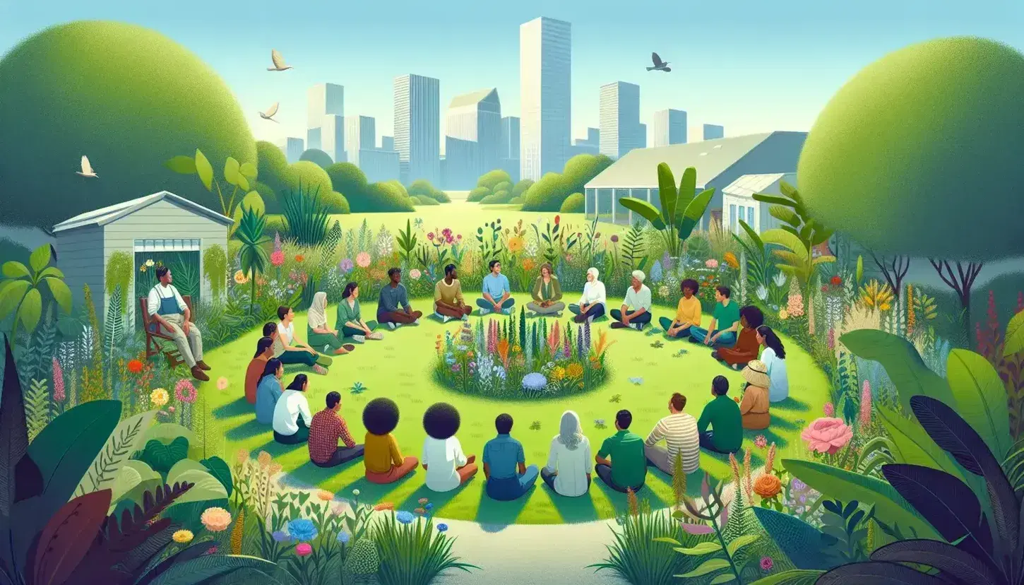 Grupo diverso de personas sentadas en círculo en un parque con plantas en el centro, edificios al fondo en un día soleado sin nubes.