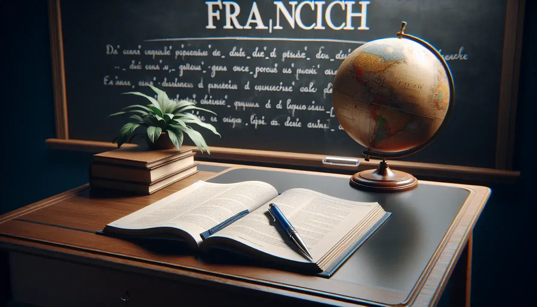 French language classroom with an open textbook on a desk, a clean chalkboard, a globe highlighting France, and a potted plant.