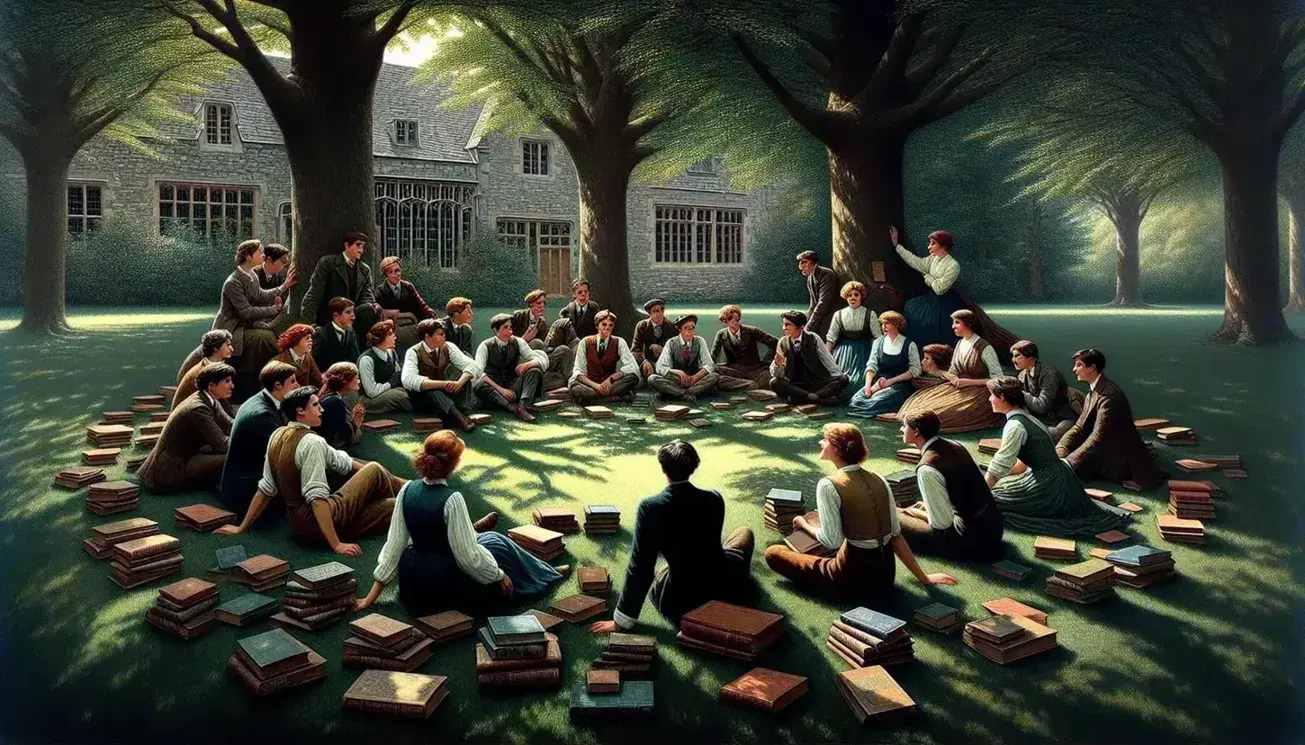 Grupo de jóvenes en atuendos del siglo XX conversando animadamente en un jardín sombreado, con libros apilados en el centro y un edificio de piedra al fondo.