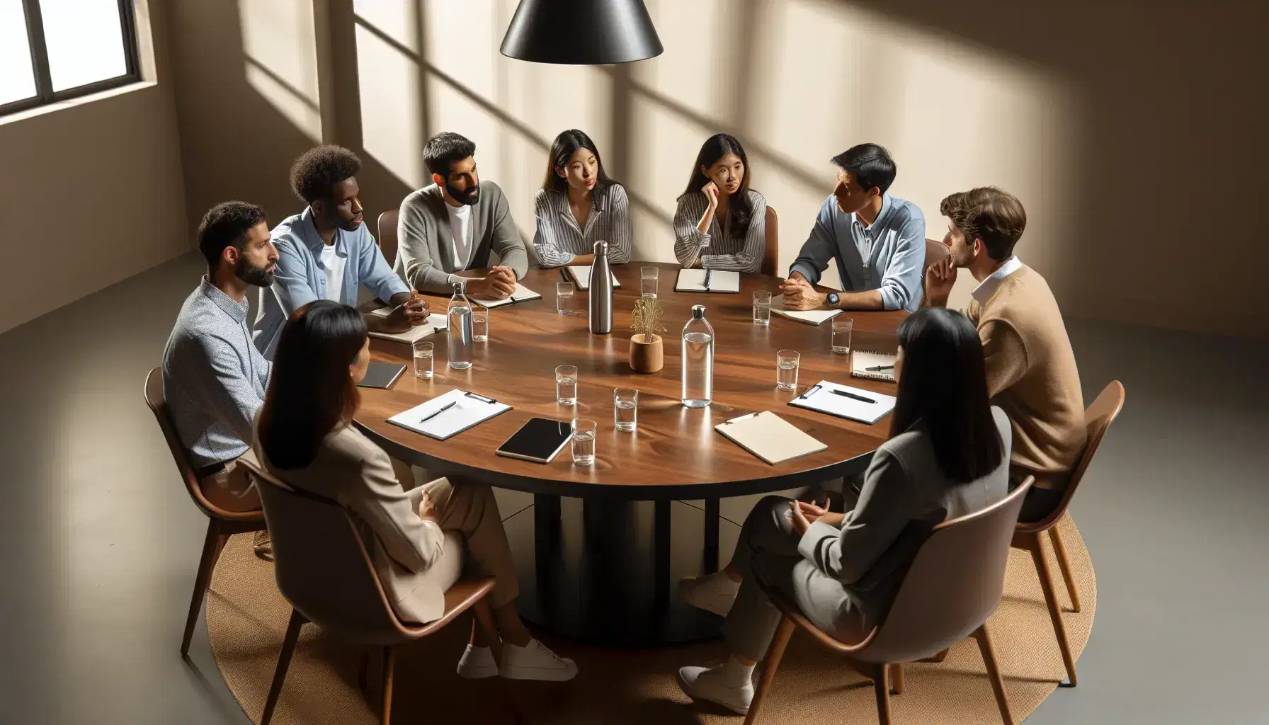 Multi-ethnic group of six professionals in business casual attire engaged in a meeting around a round table with water and notes.