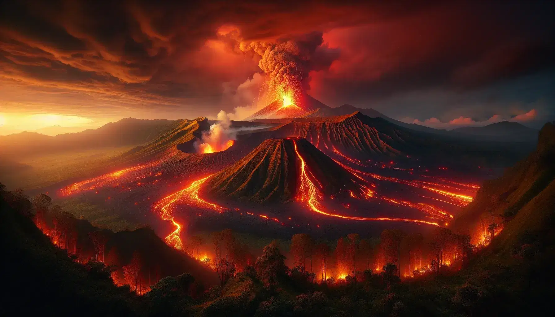 Eruzione vulcanica notturna con lava incandescente che scorre lungo pendii, fumo e cenere nel cielo arancione, e spettatori a distanza.