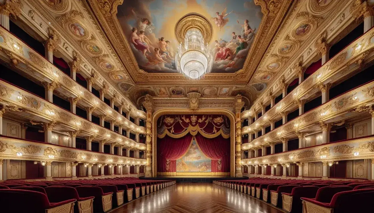 Interno neoclassico del Teatro La Fenice con palcoscenico, tende rosse, affreschi, lampadario cristallo e logge ornate.