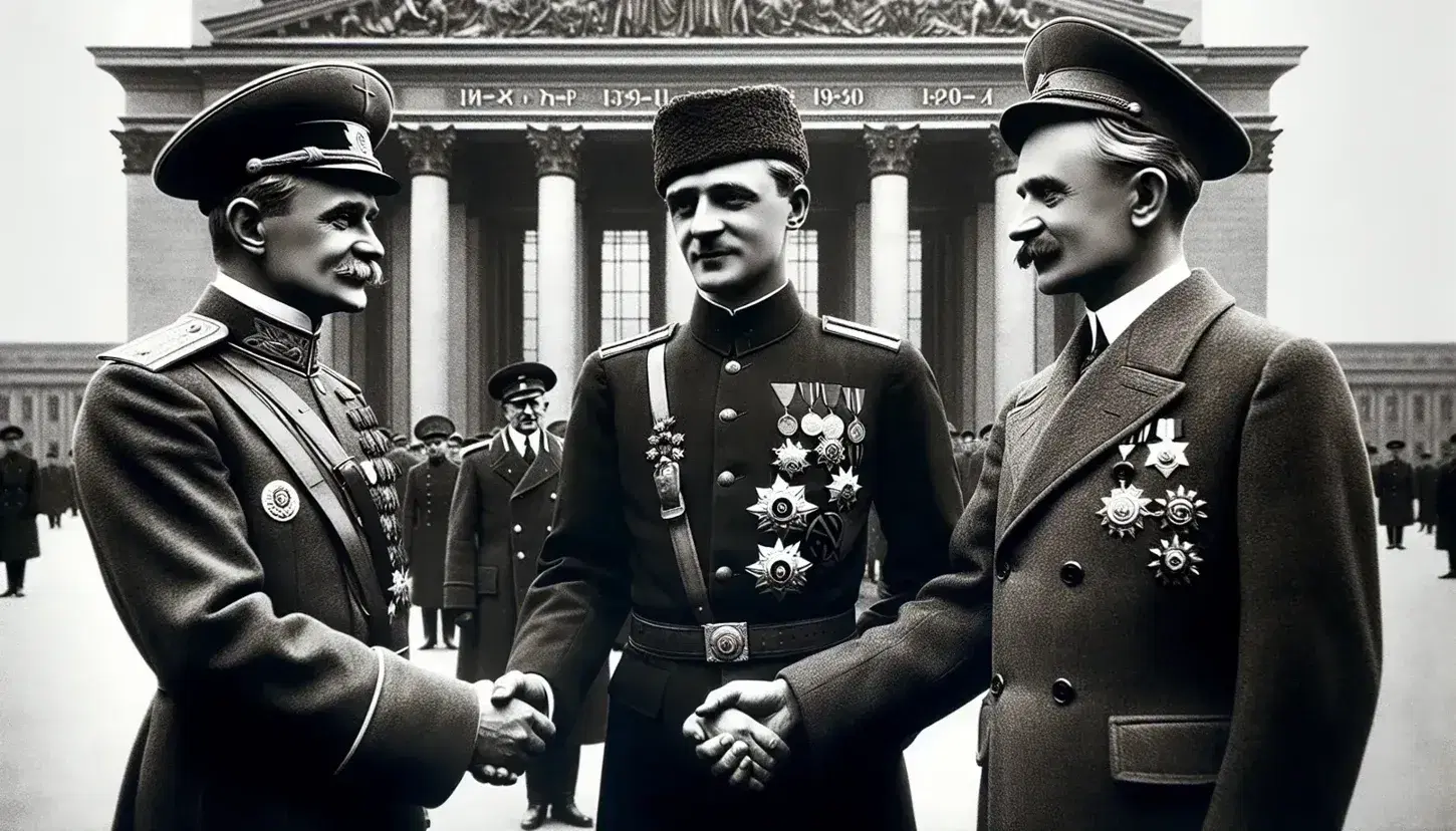 Tre uomini in abiti formali degli anni '30-'40 si stringono la mano davanti a un edificio imponente con colonne, in una foto storica in bianco e nero.