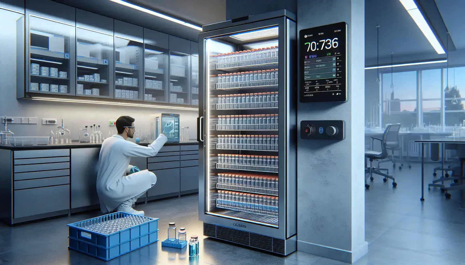 Laboratory technician in white coat carefully handles a transparent test tube near a steel freezer with glass door in a modern laboratory environment.