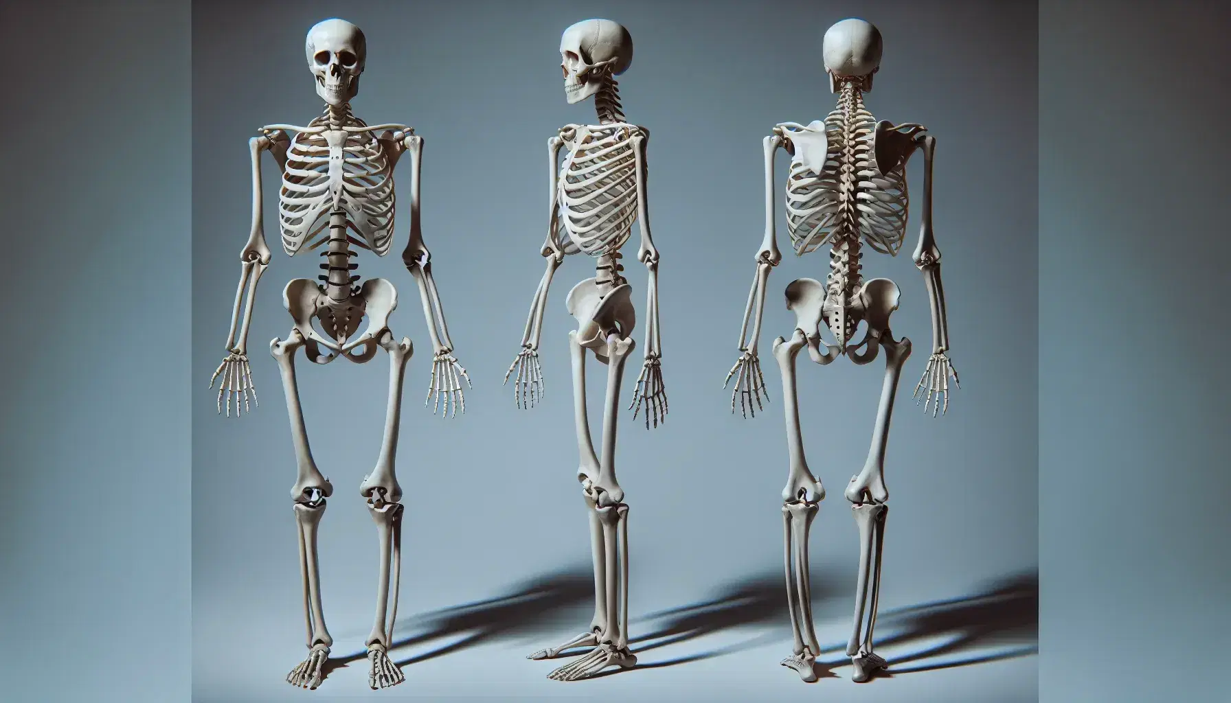 Esqueleto humano completo en posición anatómica estándar con fondo neutro, destacando la estructura ósea y proporcionando una visión clara de todas las partes del esqueleto.
