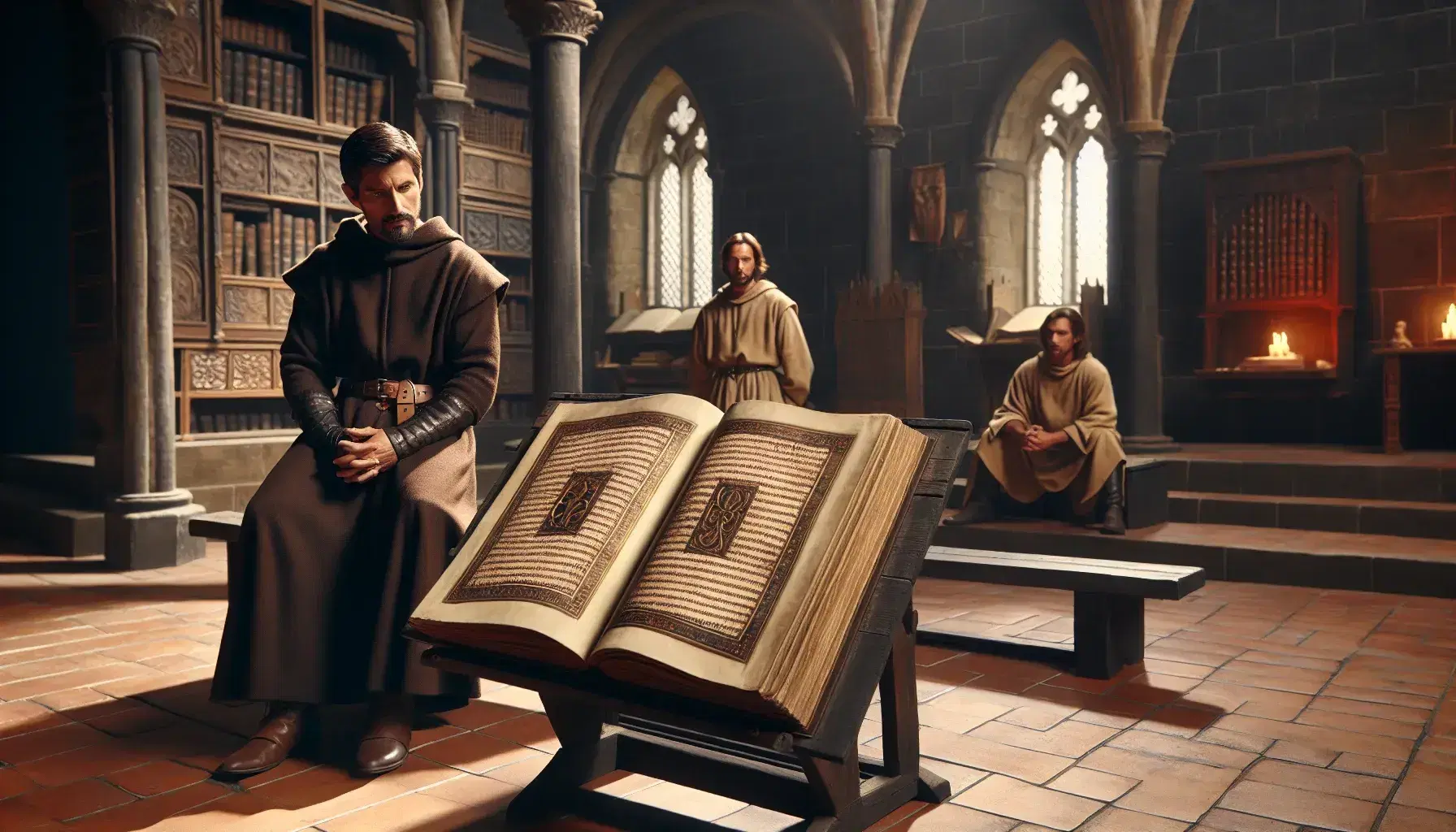 Hombre medieval en túnica marrón leyendo un libro antiguo en un atril de madera, con joven escuchando y estantería de libros al fondo.