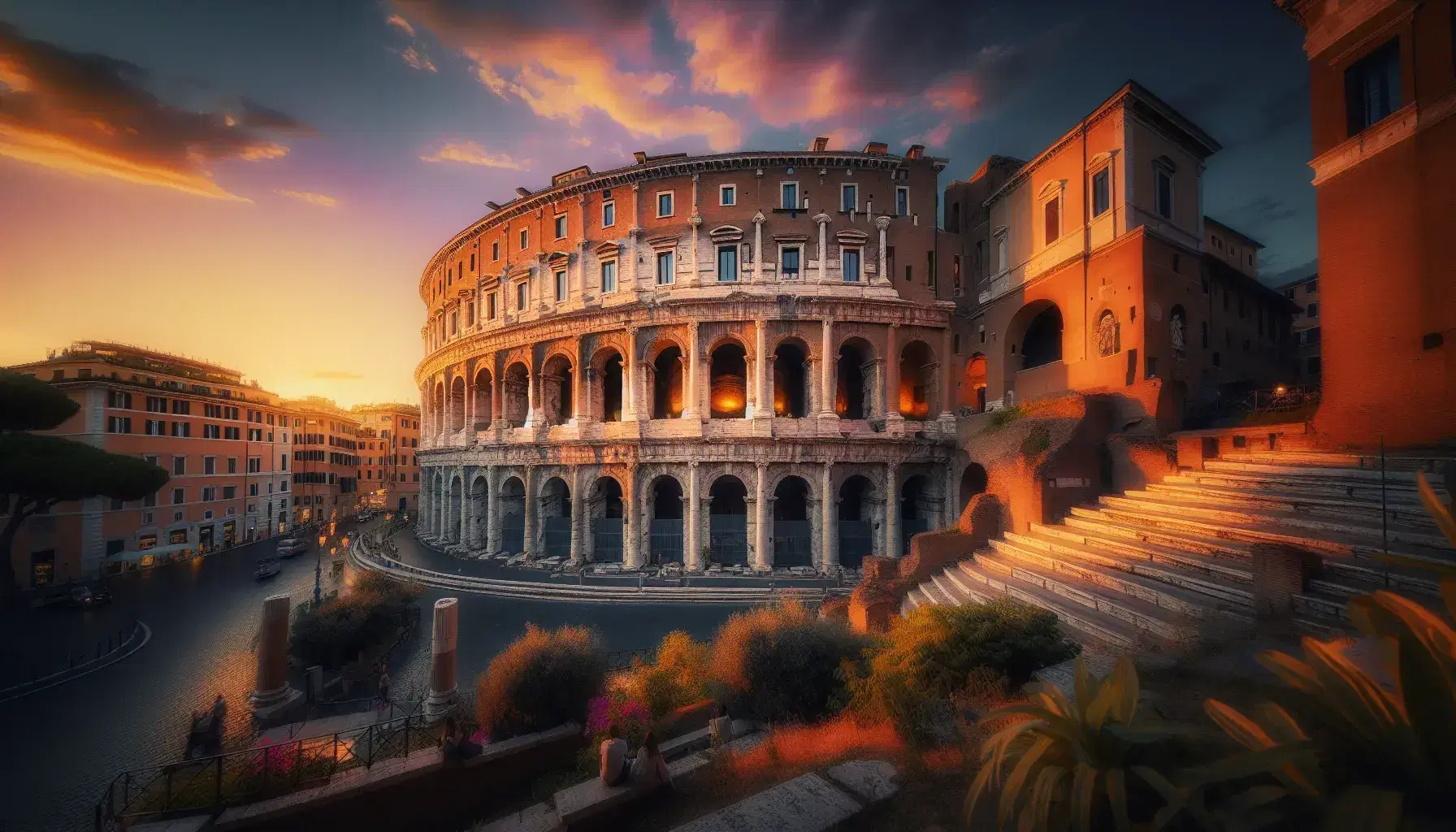 Tramonto dorato illumina il Teatro di Marcello a Roma, con cielo sfumato arancione-rosa e silhouette di persone davanti all'antica struttura.