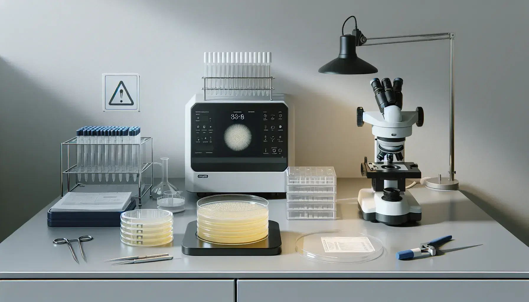 Laboratory workbench with scientific equipment including an open microcentrifuge, petri dish with yeast colonies, pipette pump, tips, and a microscope.