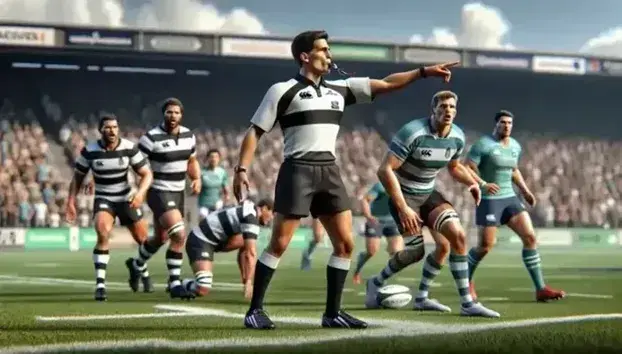 Arbitro in divisa a strisce nero-bianche fischia e indica direzione in partita di rugby con giocatori in azione e pubblico sullo sfondo.