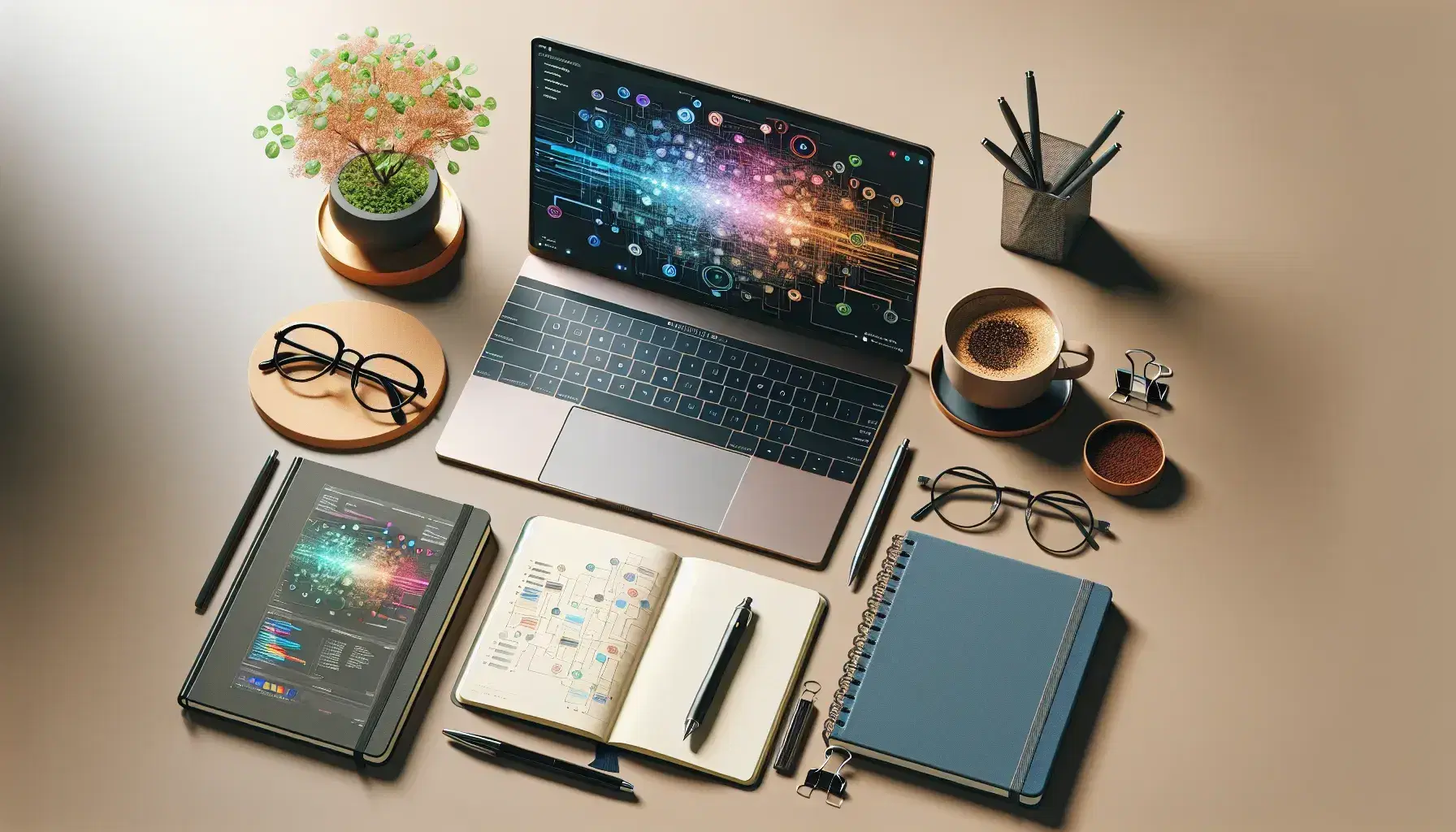 Escritorio de trabajo marrón claro con portátil abierto, taza de café, cuaderno con bolígrafo y gafas, y planta verde en maceta.