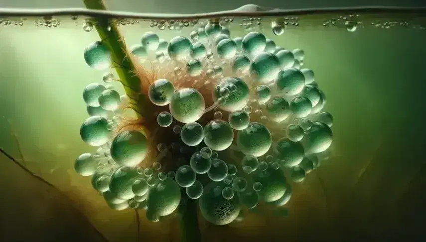 Developing water frog (Rana esculenta) eggs, attached to plant stem underwater, translucent with visible embryos.
