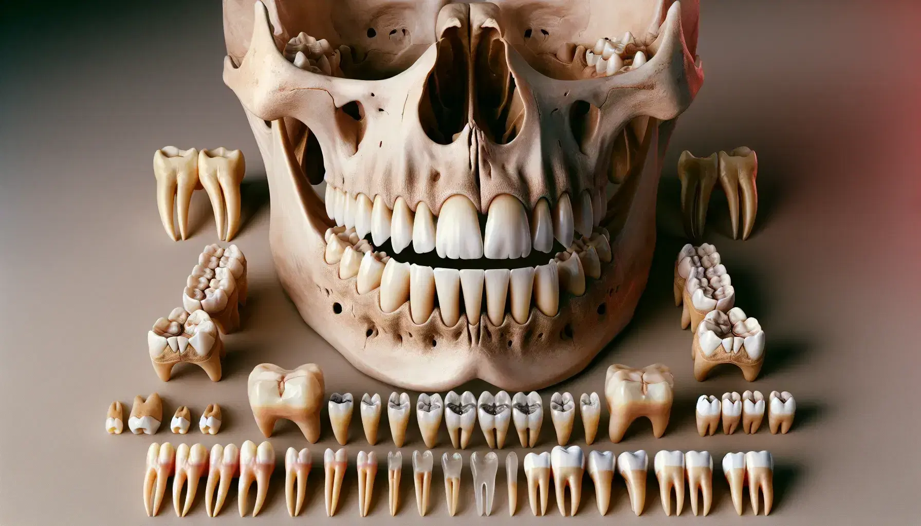 Colección de dientes humanos y mandíbula inferior completa sobre superficie neutra con cráneo parcialmente visible al lado derecho, mostrando la anatomía dental y variaciones de color por desgaste.