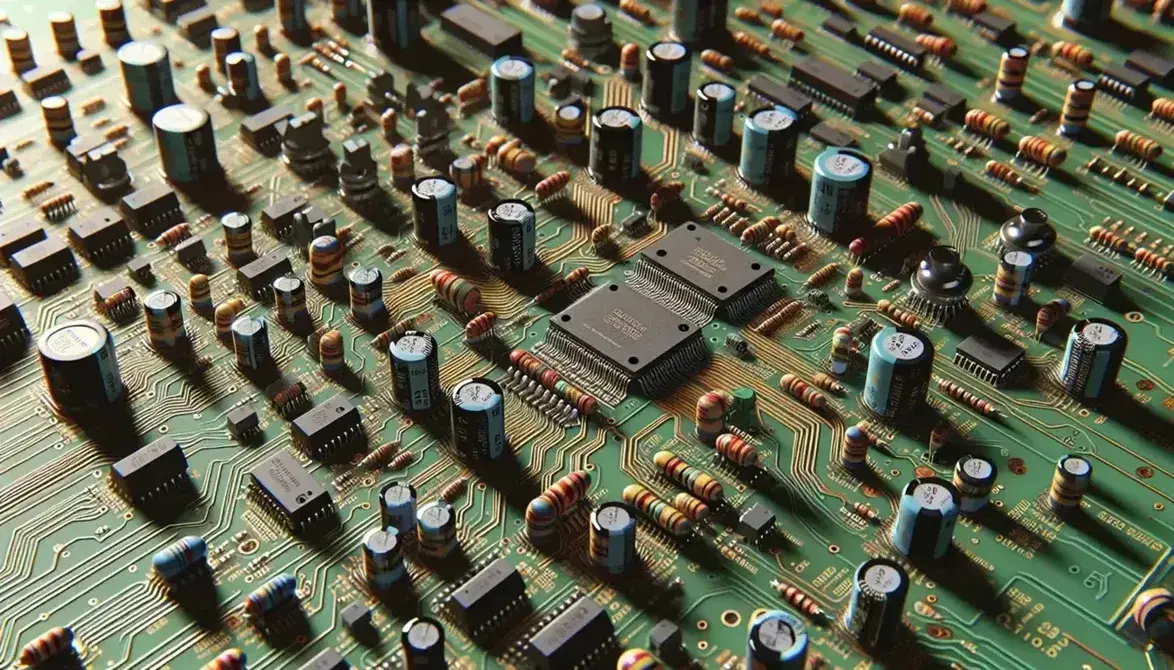 Close-up of a green electronic board with black integrated circuits, colored resistors, capacitors and LEDs, with no legible symbols.