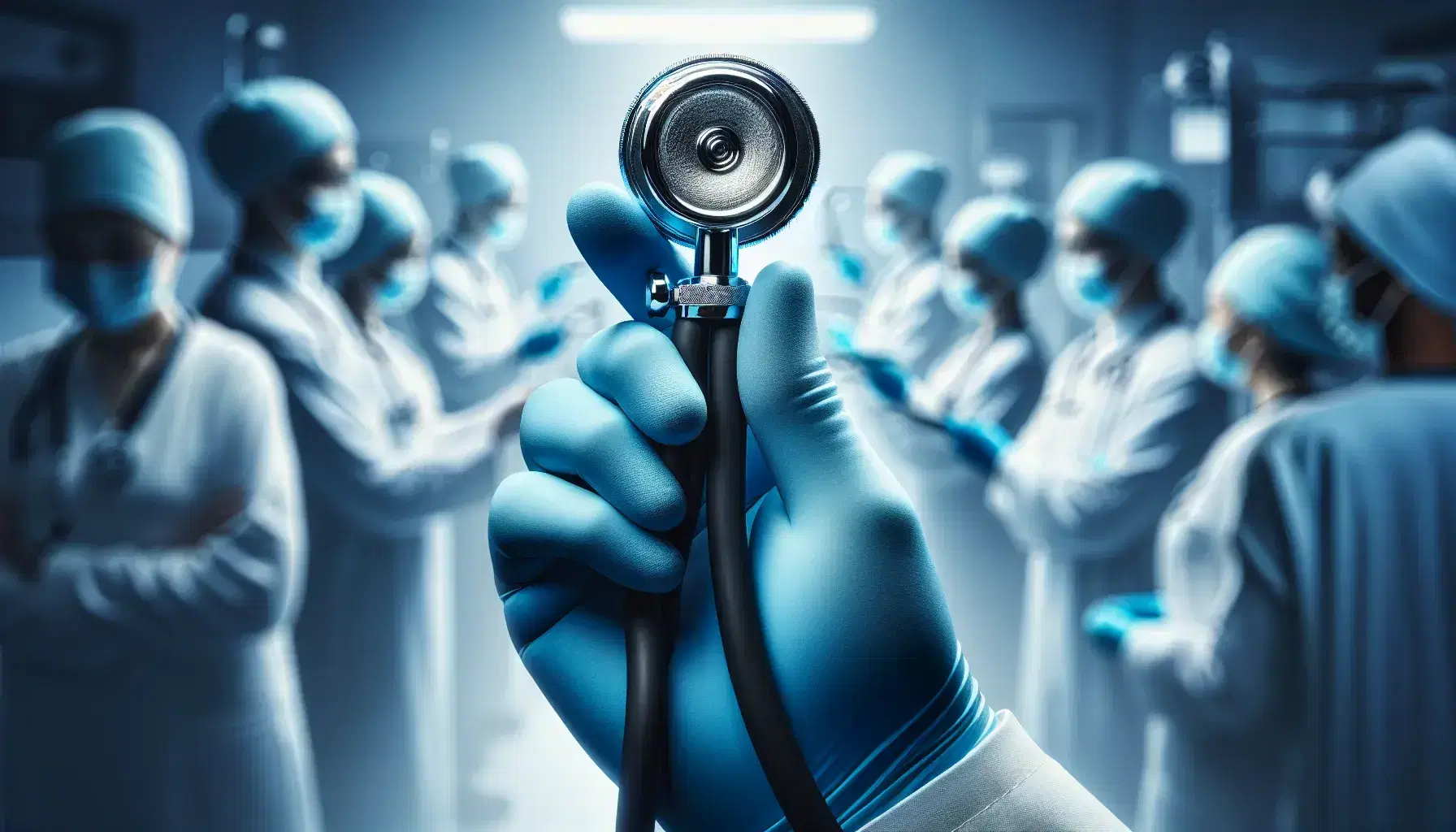 Mano con guante azul sosteniendo un estetoscopio en primer plano con profesionales de la salud desenfocados en el fondo.