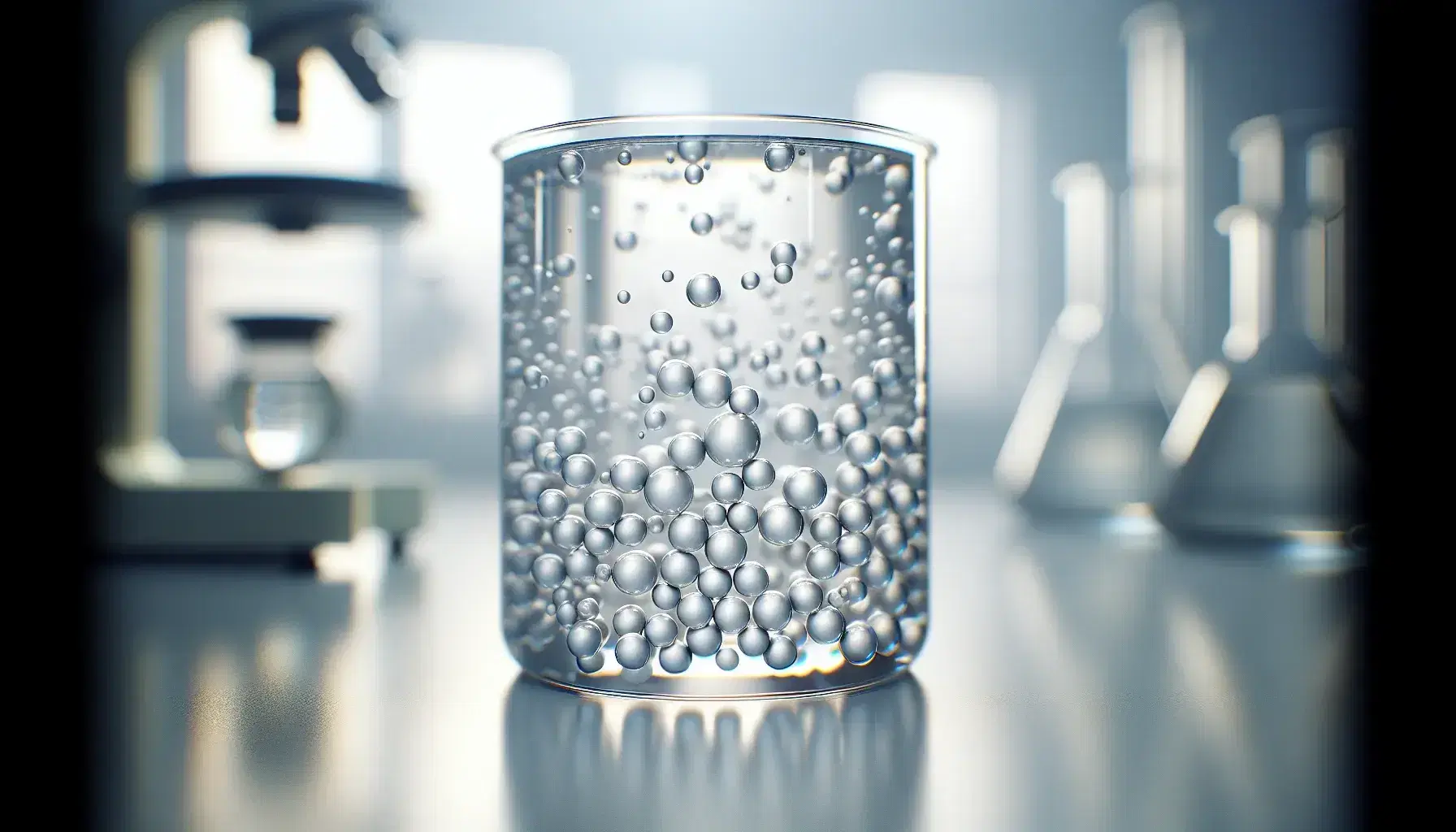Transparent glass beaker with colorless liquid and suspended white spheres, in defocused laboratory with soft lighting from above.