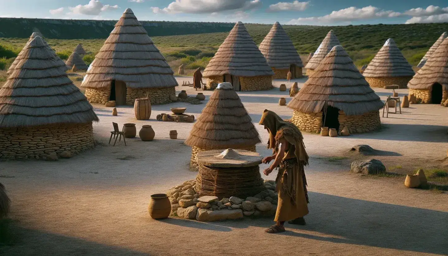 Reconstrucción de asentamiento ibérico antiguo al aire libre con estructuras circulares de piedra y techos cónicos, y figura humana en atuendos tradicionales realizando tareas manuales.