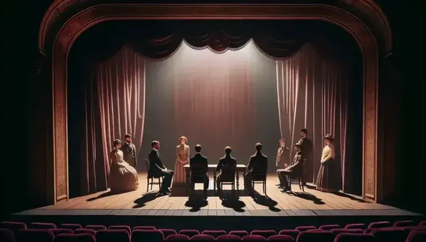 Dimly lit theater stage with six actors in period costumes, seated around a wooden table against a burgundy curtain backdrop, awaiting a cue.
