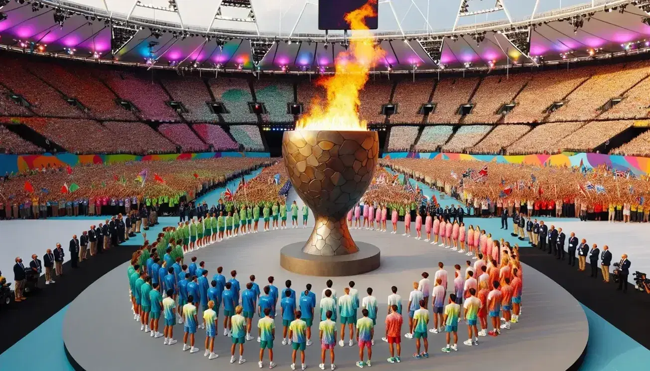 Fiamma danzante in calderone bronzo durante cerimonia apertura Olimpiadi con atleti in divisa e spettatori sullo sfondo.