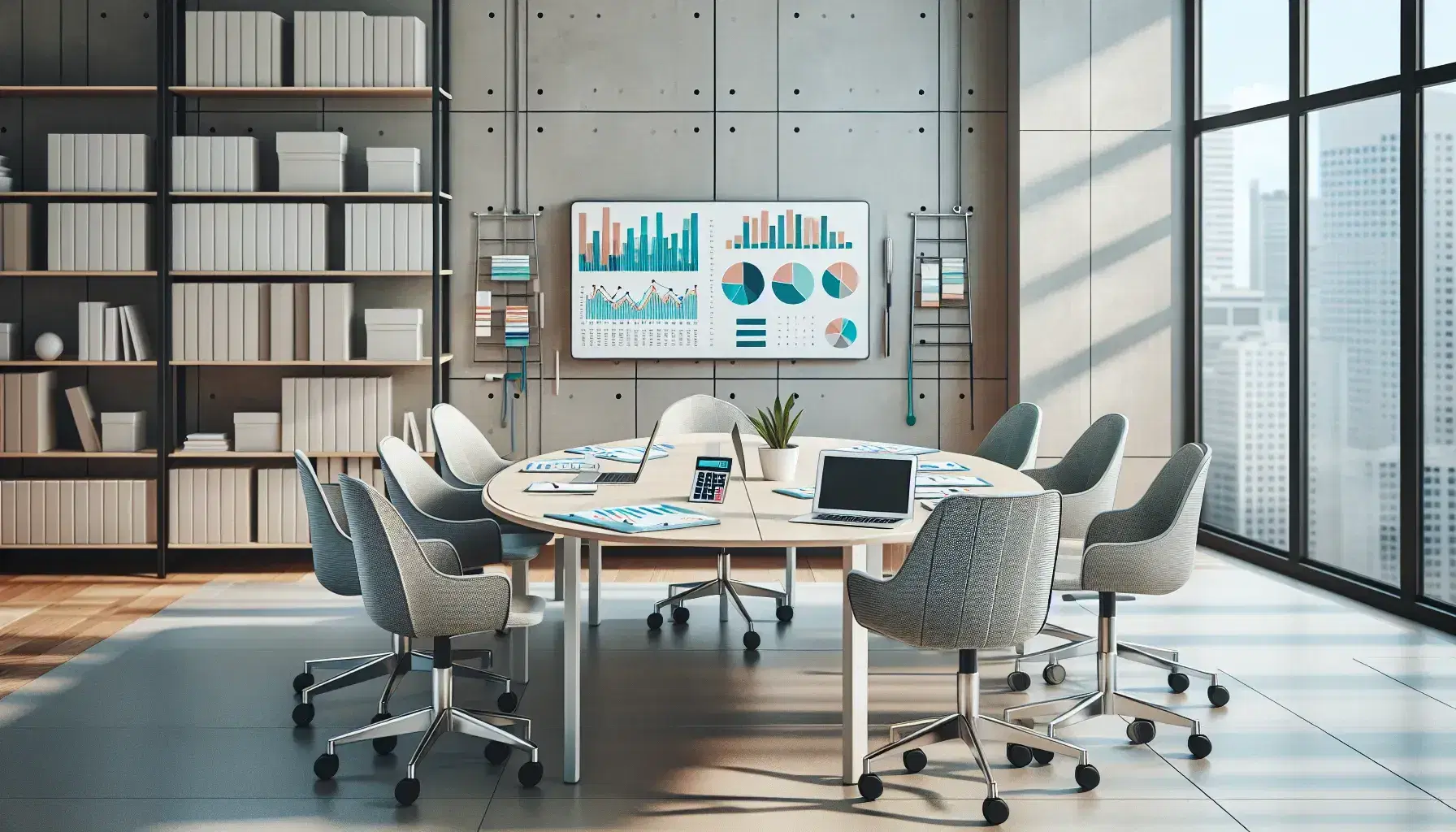 Oficina moderna y luminosa con mesa de reuniones ovalada, sillas ergonómicas, laptop, gráficos impresos y planta, sin texto visible.