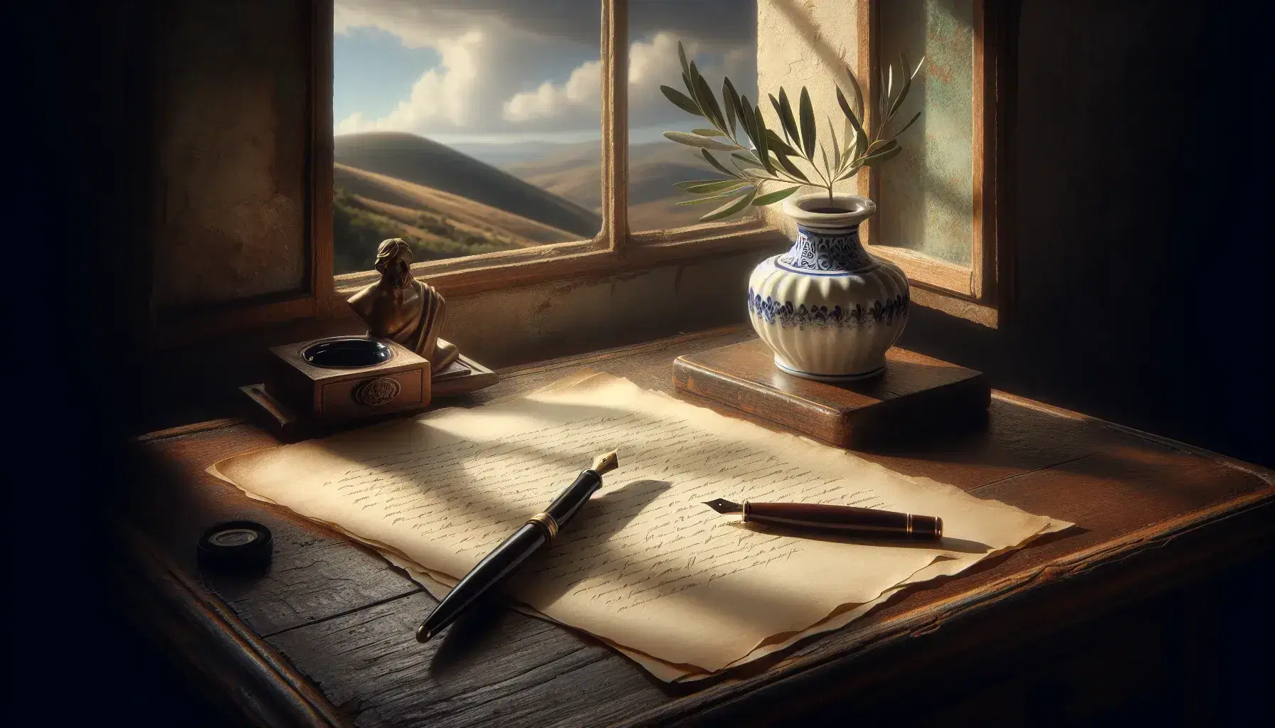 Scrivania in legno scuro con calamaio ceramico bianco e blu, penna stilografica, foglio di carta e ramo d'olivo, paesaggio collinare sullo sfondo.