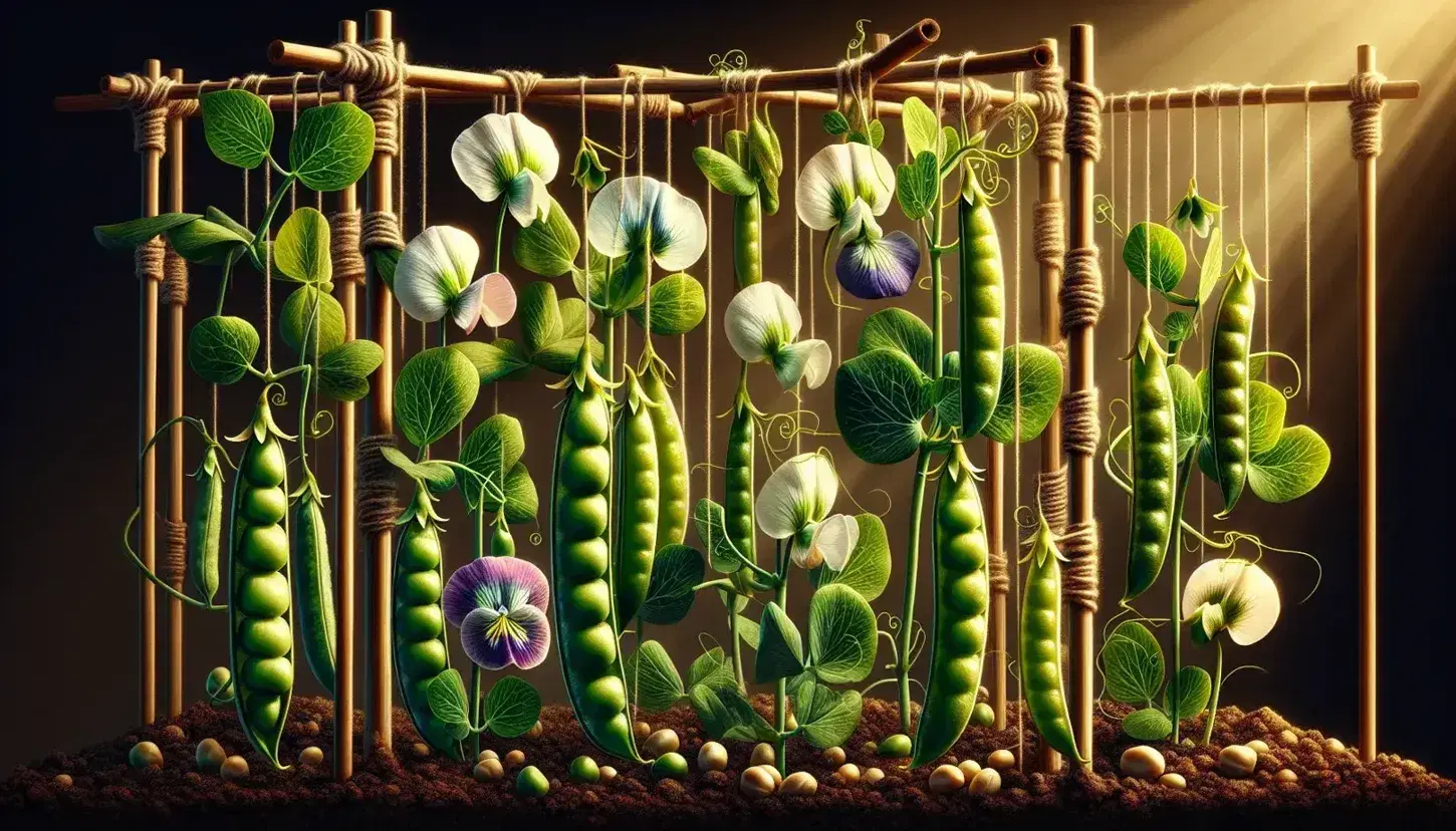 Plantas de guisante en distintas etapas de crecimiento, con vainas maduras, flores blancas y moradas y hojas verdes, apoyadas en un enrejado de bambú bajo la luz del sol.