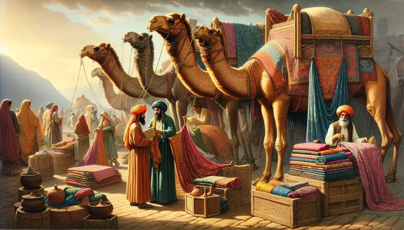 Bustling Mughal-era marketplace scene with camels carrying vibrant textiles, traders in traditional attire, and stalls displaying spices under a clear blue sky.
